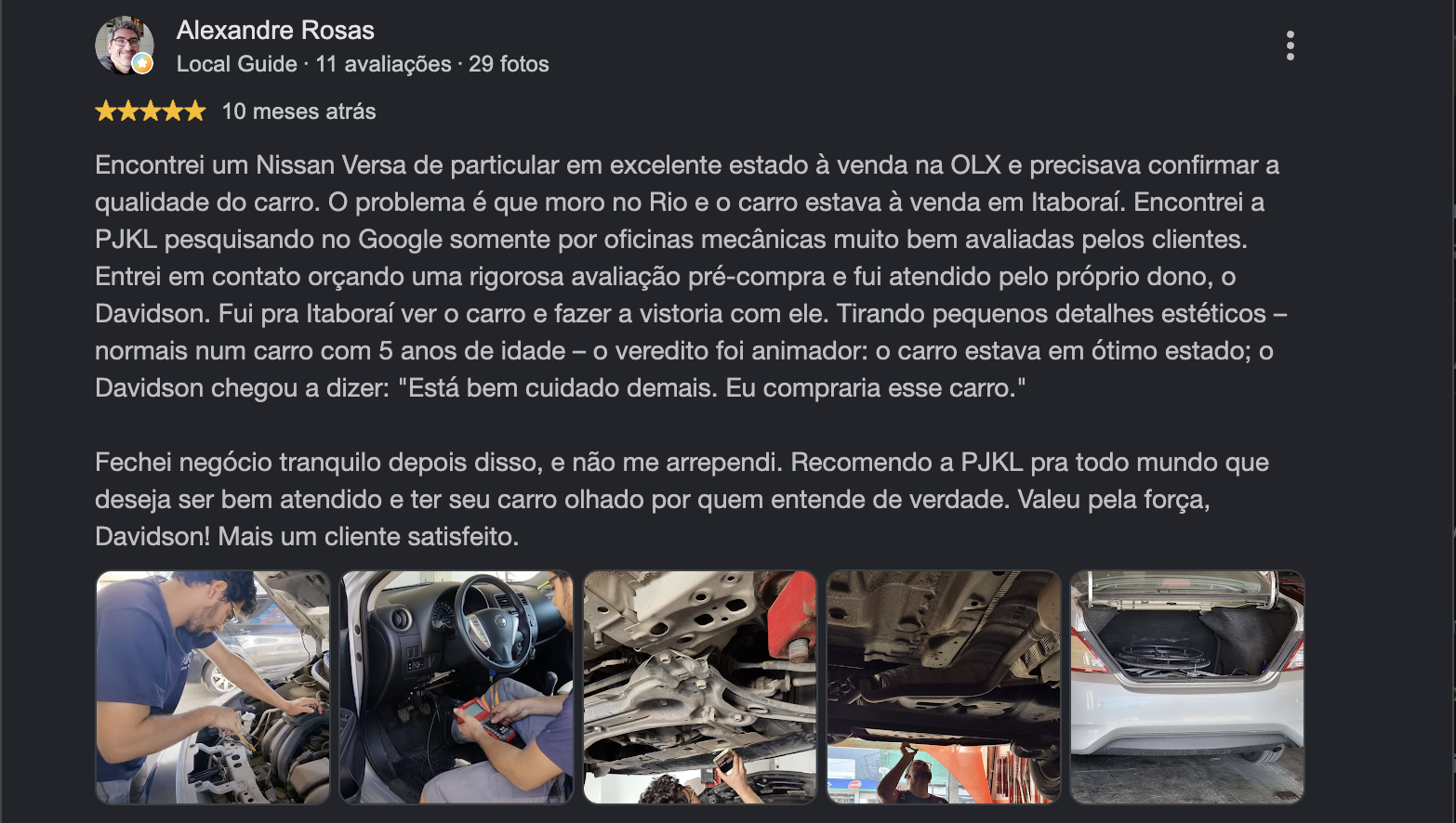 Depoimento de cliente da PJKL Oficina