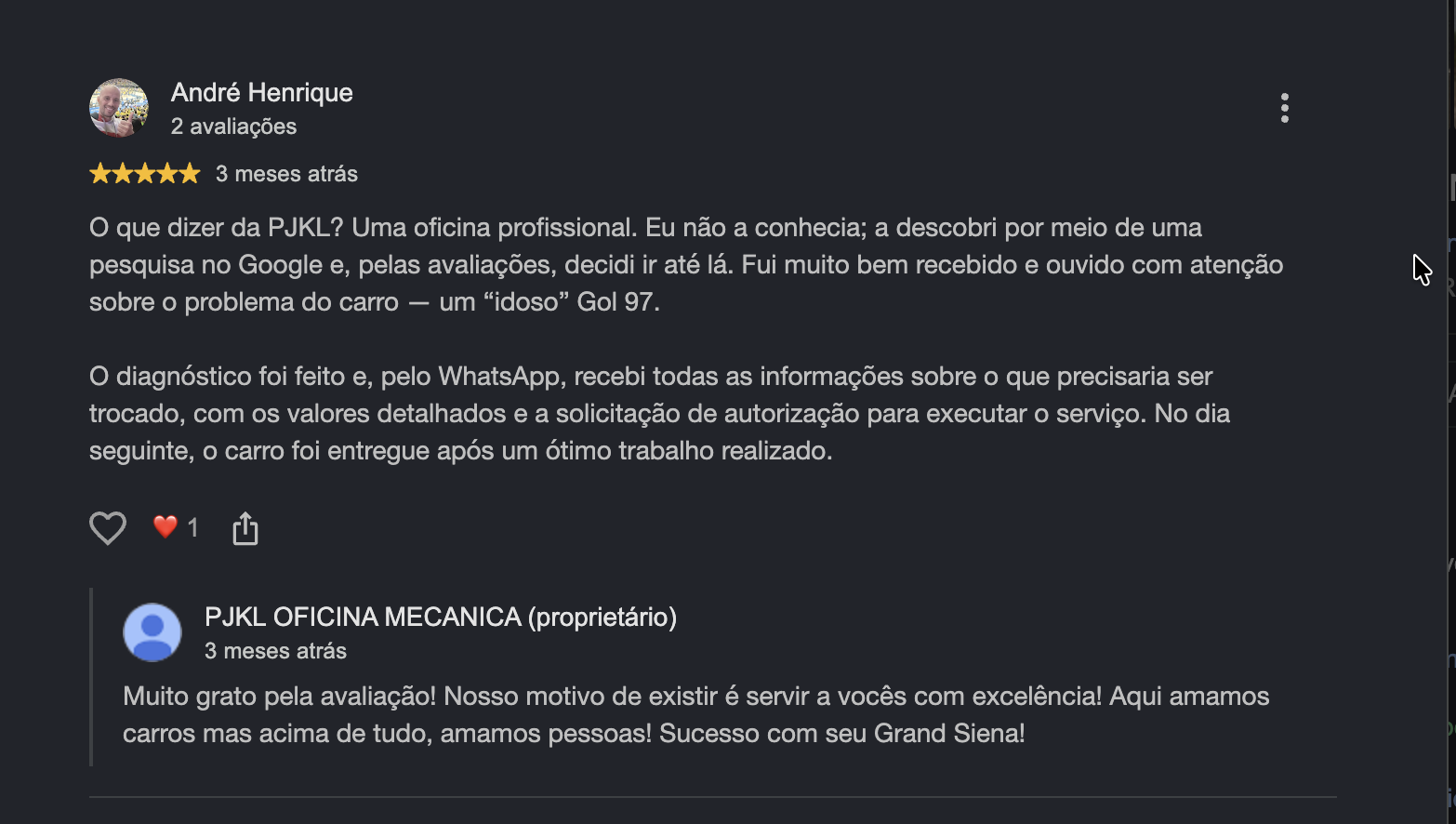 Depoimento de cliente da PJKL Oficina