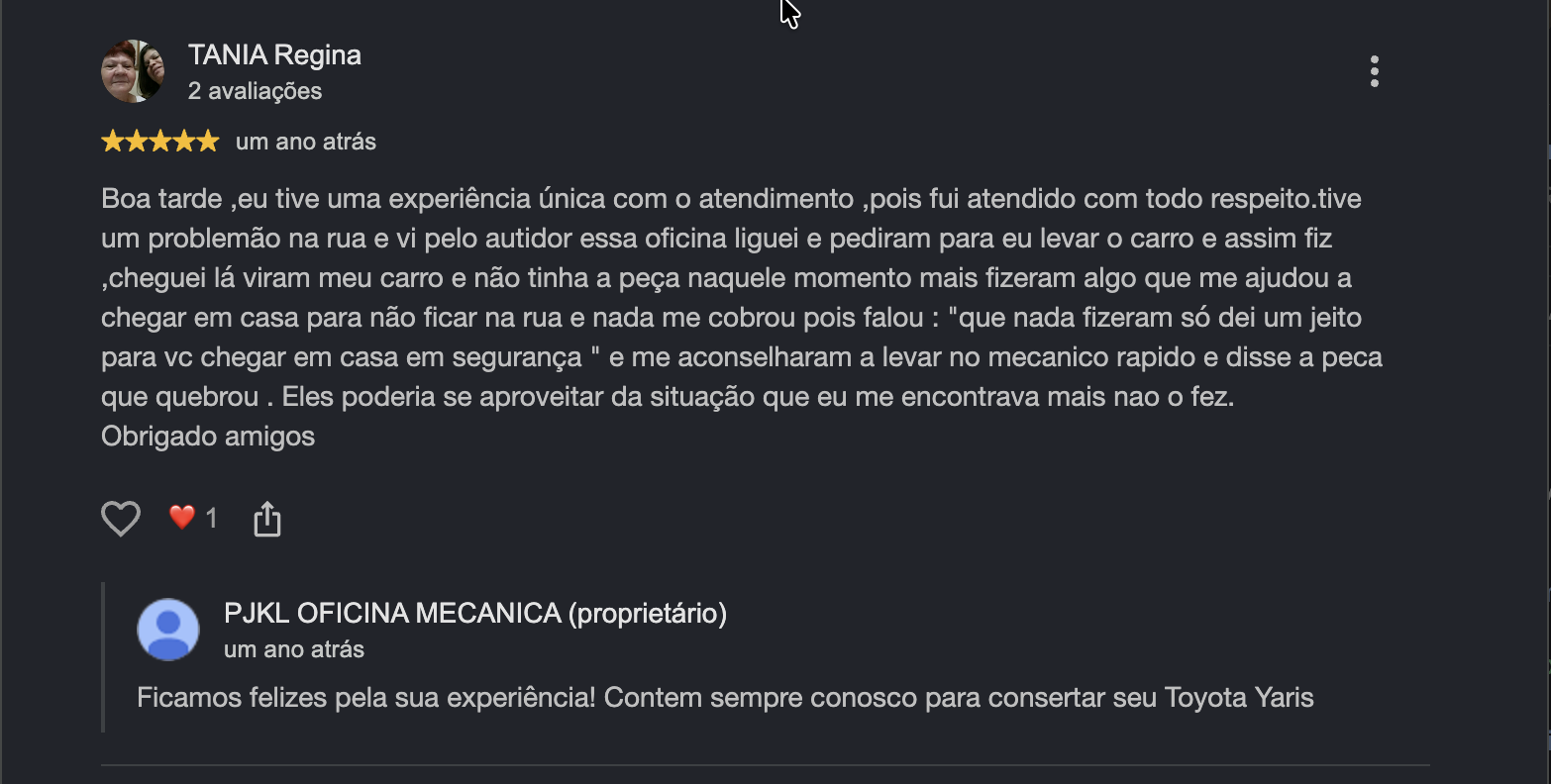 Depoimento de cliente da PJKL Oficina