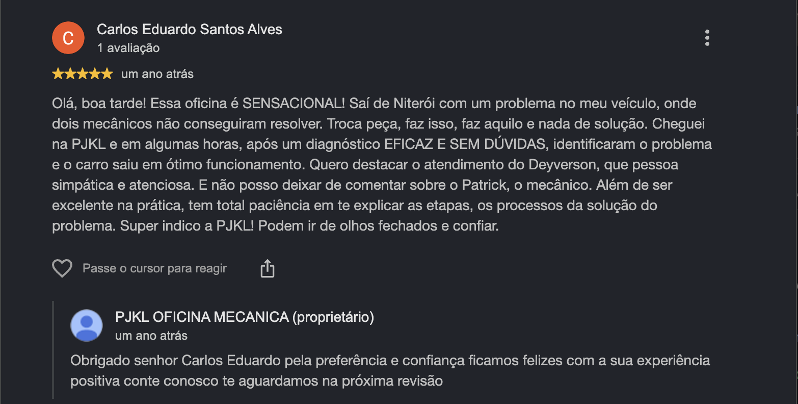 Depoimento de cliente da PJKL Oficina